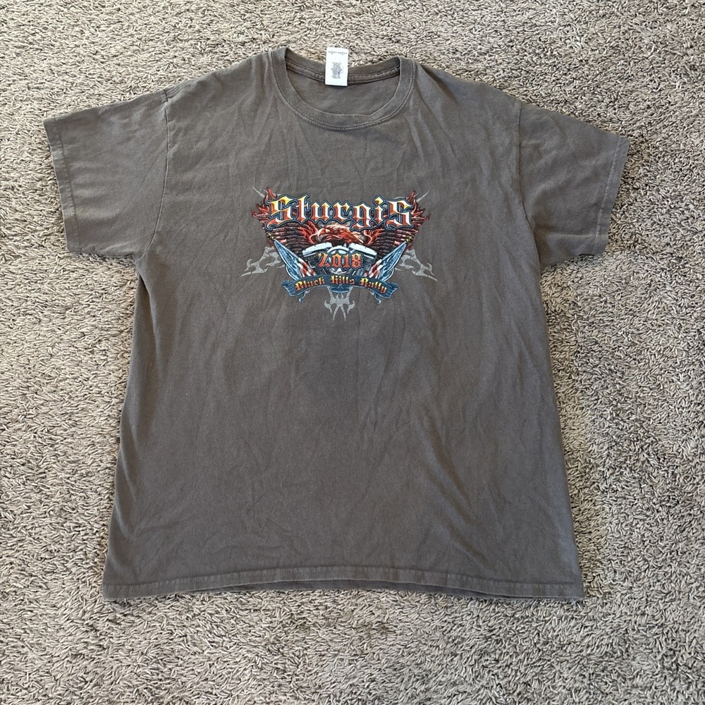 2018 Sturgis Motorcycle Black Hills Rally Eagle Men's L Brown Short Sleeve Shirt